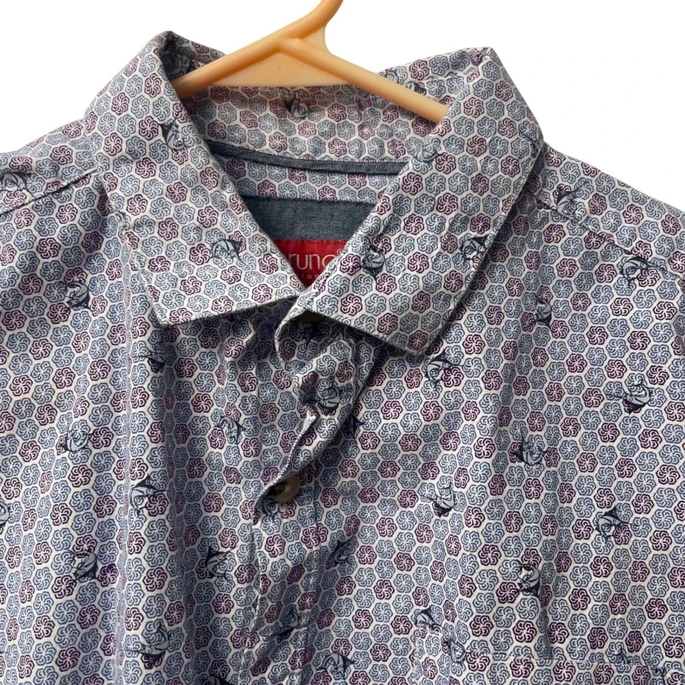 Bruno Milano Men Modern Fit Short Sleeve Button Down Shirt Blue Purple Geometric